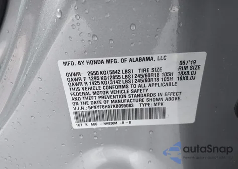 2019 Honda Pilot Ex-L z USA, uszkodzony, nr VIN 5FNYF6H57KB095083